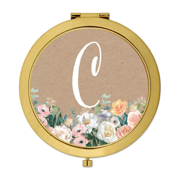 Andaz Press Peach Flower Florals on Kraft Brown Monogram Gold Compact Mirror-Set of 1-Andaz Press-A-