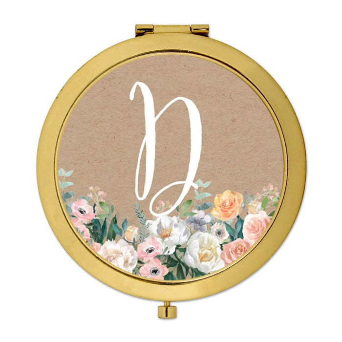 Andaz Press Peach Flower Florals on Kraft Brown Monogram Gold Compact Mirror-Set of 1-Andaz Press-A-