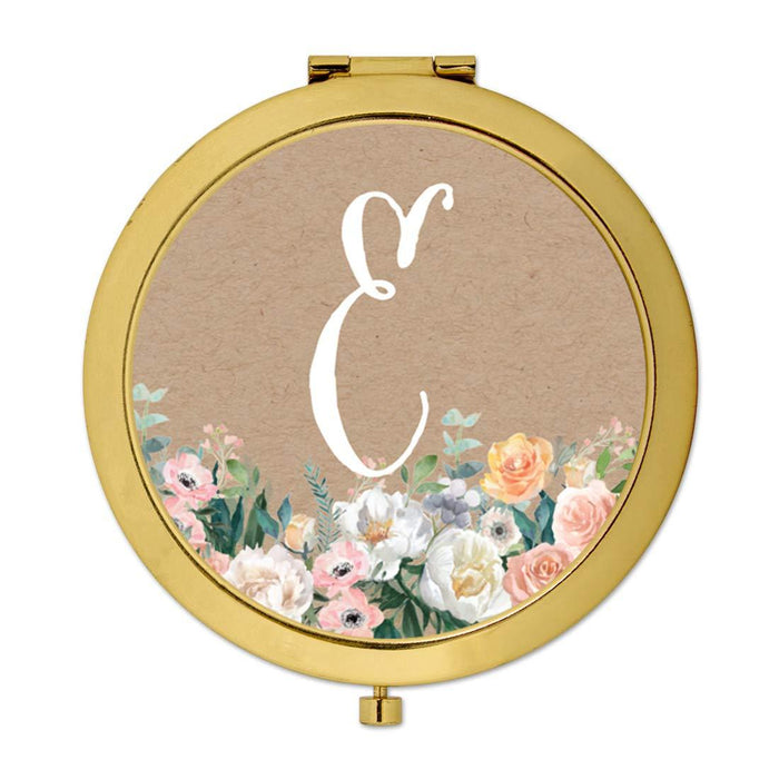 Andaz Press Peach Flower Florals on Kraft Brown Monogram Gold Compact Mirror-Set of 1-Andaz Press-A-