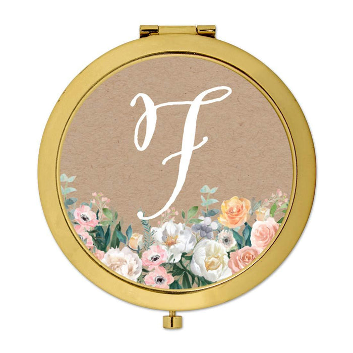 Andaz Press Peach Flower Florals on Kraft Brown Monogram Gold Compact Mirror-Set of 1-Andaz Press-A-