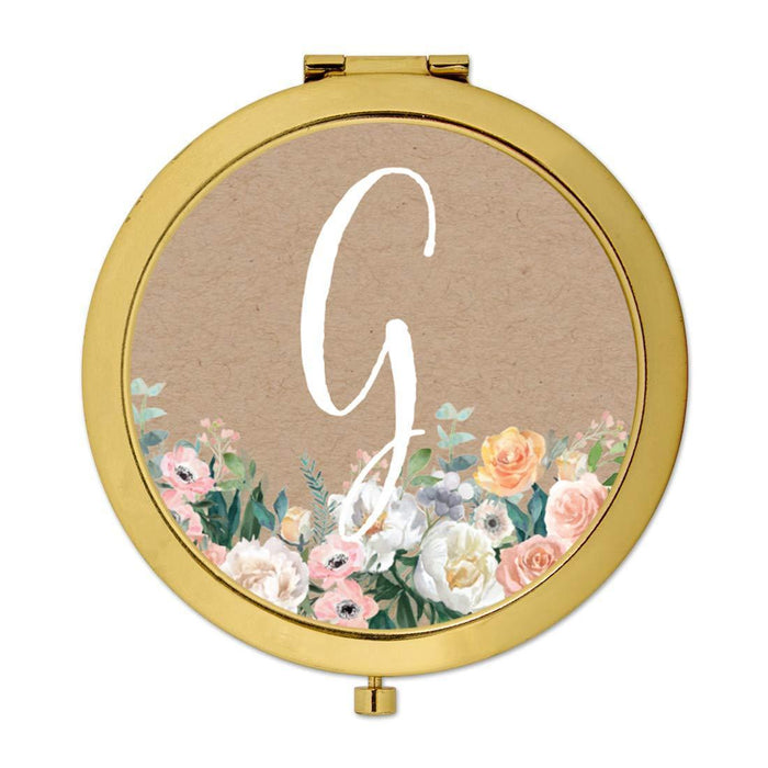 Andaz Press Peach Flower Florals on Kraft Brown Monogram Gold Compact Mirror-Set of 1-Andaz Press-A-