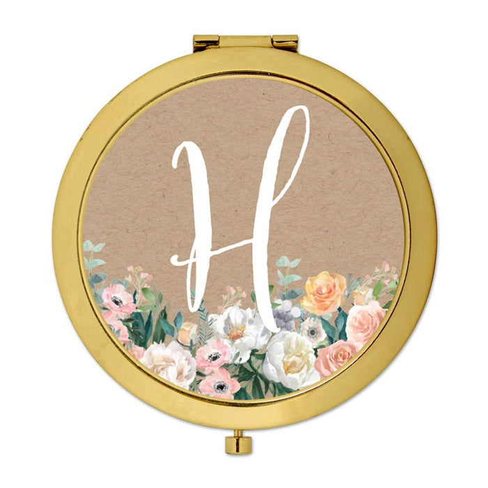 Andaz Press Peach Flower Florals on Kraft Brown Monogram Gold Compact Mirror-Set of 1-Andaz Press-A-