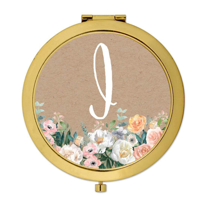 Andaz Press Peach Flower Florals on Kraft Brown Monogram Gold Compact Mirror-Set of 1-Andaz Press-A-