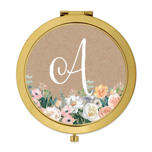 Andaz Press Peach Flower Florals on Kraft Brown Monogram Gold Compact Mirror-Set of 1-Andaz Press-A-