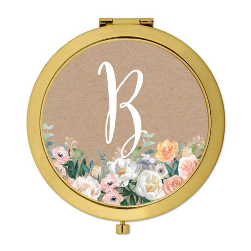 Andaz Press Peach Flower Florals on Kraft Brown Monogram Gold Compact Mirror-Set of 1-Andaz Press-B-