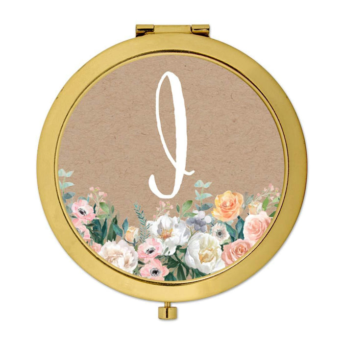 Andaz Press Peach Flower Florals on Kraft Brown Monogram Gold Compact Mirror-Set of 1-Andaz Press-I-