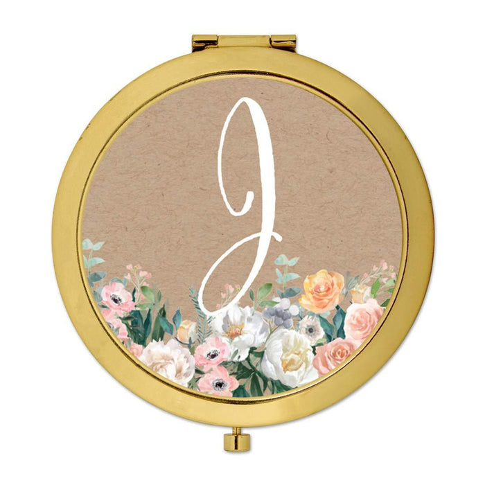 Andaz Press Peach Flower Florals on Kraft Brown Monogram Gold Compact Mirror-Set of 1-Andaz Press-J-