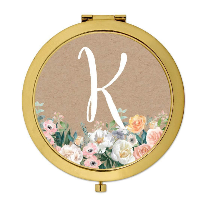 Andaz Press Peach Flower Florals on Kraft Brown Monogram Gold Compact Mirror-Set of 1-Andaz Press-K-