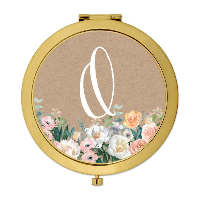 Andaz Press Peach Flower Florals on Kraft Brown Monogram Gold Compact Mirror-Set of 1-Andaz Press-O-