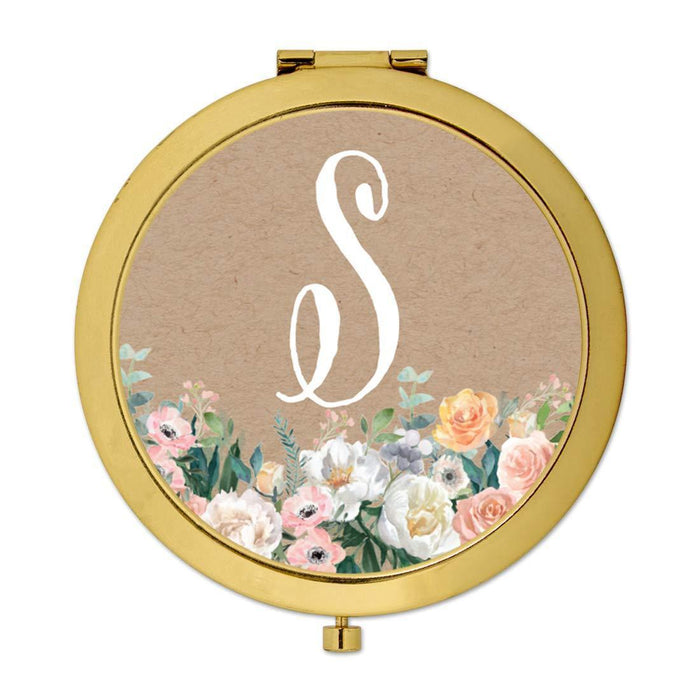 Andaz Press Peach Flower Florals on Kraft Brown Monogram Gold Compact Mirror-Set of 1-Andaz Press-S-