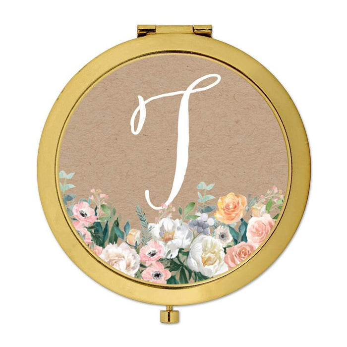 Andaz Press Peach Flower Florals on Kraft Brown Monogram Gold Compact Mirror-Set of 1-Andaz Press-T-