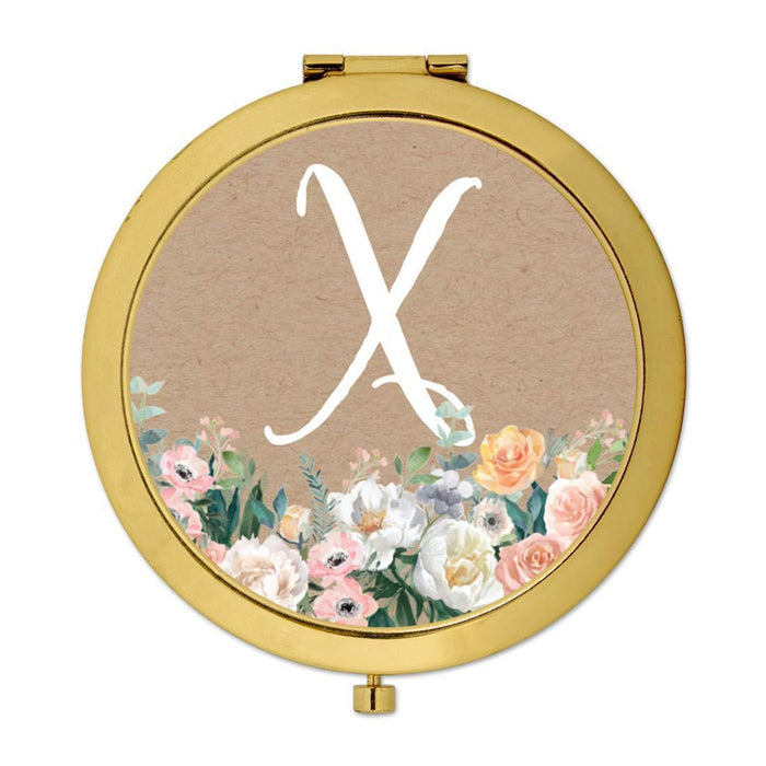 Andaz Press Peach Flower Florals on Kraft Brown Monogram Gold Compact Mirror-Set of 1-Andaz Press-X-