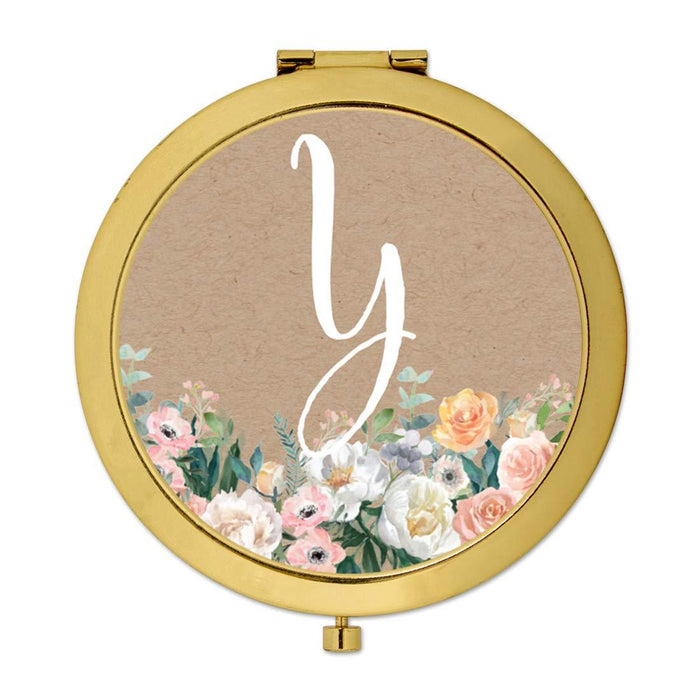 Andaz Press Peach Flower Florals on Kraft Brown Monogram Gold Compact Mirror-Set of 1-Andaz Press-Y-