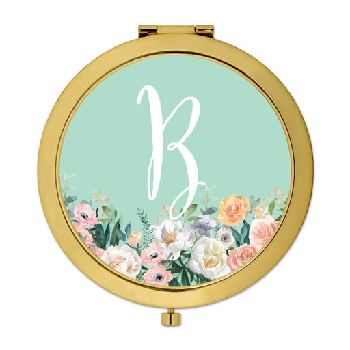 Andaz Press Peach Flower Florals on Mint Green Monogram Gold Compact Mirror-Set of 1-Andaz Press-A-
