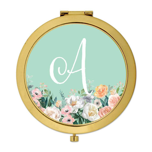 Andaz Press Peach Flower Florals on Mint Green Monogram Gold Compact Mirror-Set of 1-Andaz Press-A-