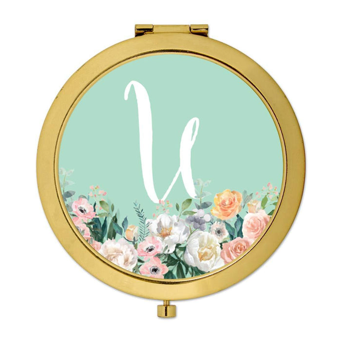 Andaz Press Peach Flower Florals on Mint Green Monogram Gold Compact Mirror-Set of 1-Andaz Press-U-