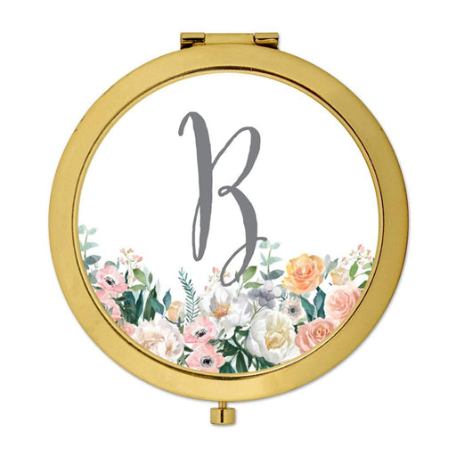 Andaz Press Peach Flower Florals on White Monogram Gold Compact Mirror-Set of 1-Andaz Press-A-