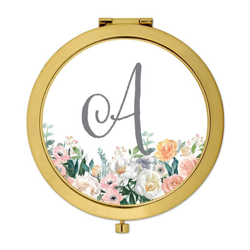 Andaz Press Peach Flower Florals on White Monogram Gold Compact Mirror-Set of 1-Andaz Press-A-