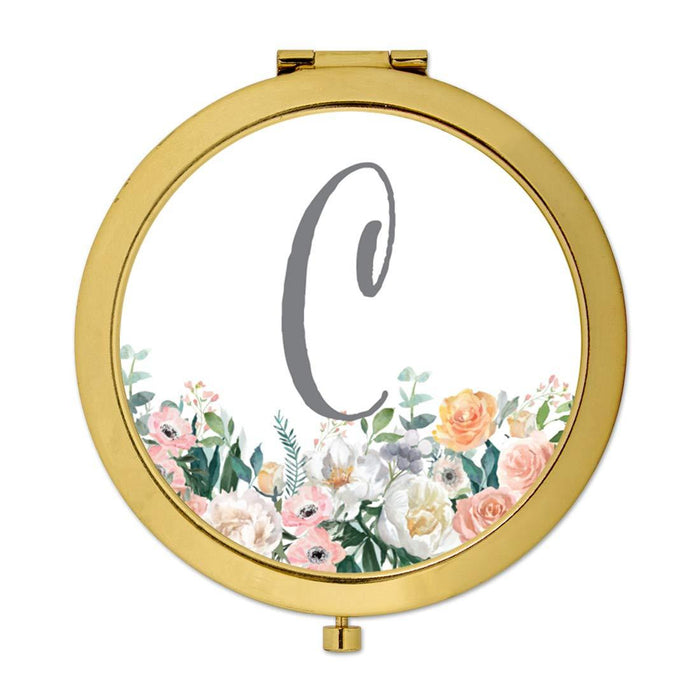 Andaz Press Peach Flower Florals on White Monogram Gold Compact Mirror-Set of 1-Andaz Press-C-