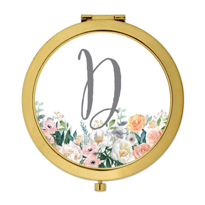 Andaz Press Peach Flower Florals on White Monogram Gold Compact Mirror-Set of 1-Andaz Press-D-