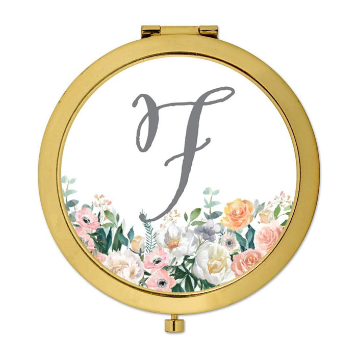 Andaz Press Peach Flower Florals on White Monogram Gold Compact Mirror-Set of 1-Andaz Press-F-