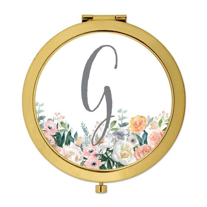 Andaz Press Peach Flower Florals on White Monogram Gold Compact Mirror-Set of 1-Andaz Press-G-