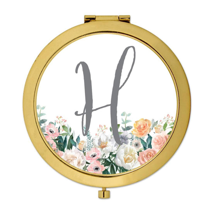 Andaz Press Peach Flower Florals on White Monogram Gold Compact Mirror-Set of 1-Andaz Press-H-