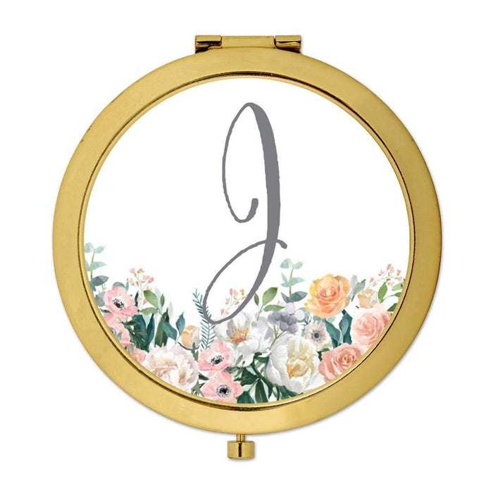 Andaz Press Peach Flower Florals on White Monogram Gold Compact Mirror-Set of 1-Andaz Press-J-