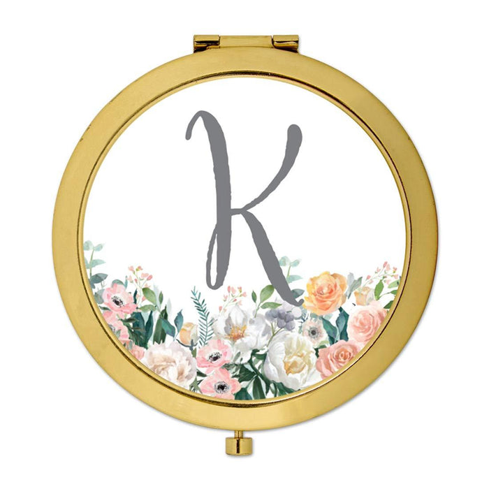 Andaz Press Peach Flower Florals on White Monogram Gold Compact Mirror-Set of 1-Andaz Press-K-