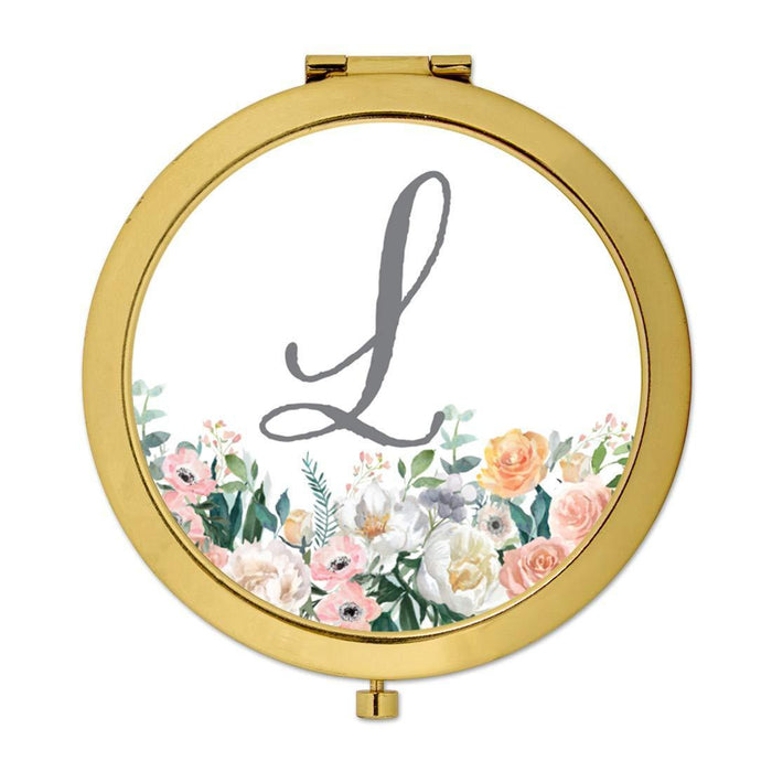 Andaz Press Peach Flower Florals on White Monogram Gold Compact Mirror-Set of 1-Andaz Press-L-