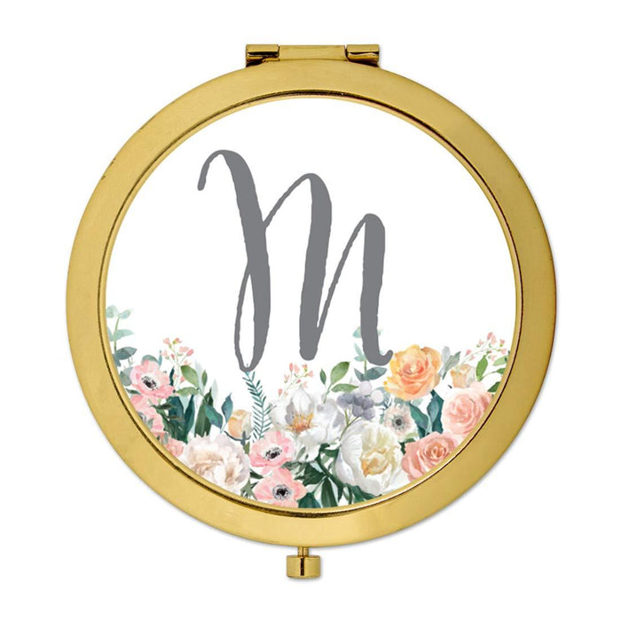 Andaz Press Peach Flower Florals on White Monogram Gold Compact Mirror-Set of 1-Andaz Press-M-