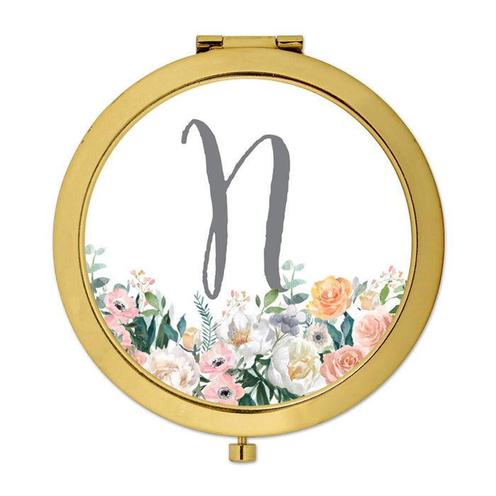 Andaz Press Peach Flower Florals on White Monogram Gold Compact Mirror-Set of 1-Andaz Press-N-
