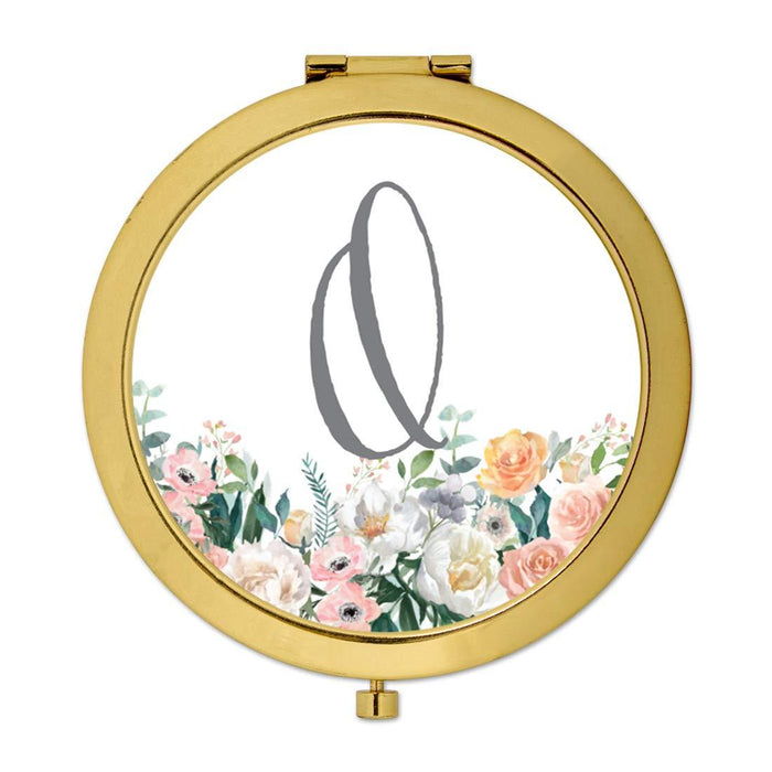 Andaz Press Peach Flower Florals on White Monogram Gold Compact Mirror-Set of 1-Andaz Press-O-