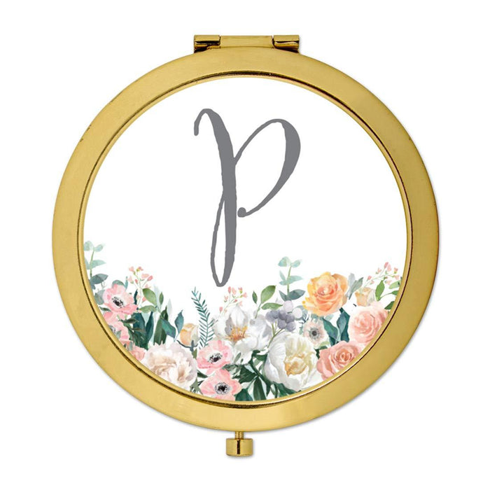 Andaz Press Peach Flower Florals on White Monogram Gold Compact Mirror-Set of 1-Andaz Press-P-