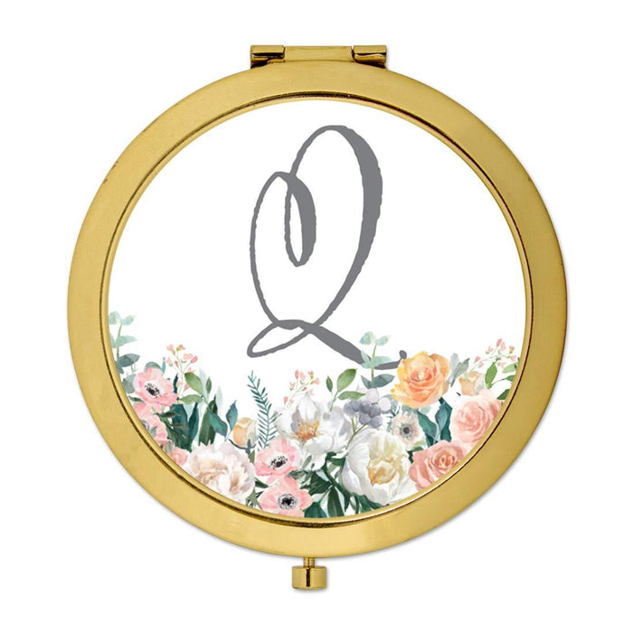 Andaz Press Peach Flower Florals on White Monogram Gold Compact Mirror-Set of 1-Andaz Press-Q-