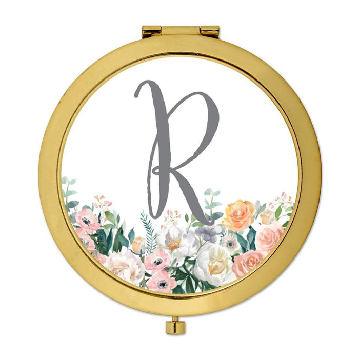 Andaz Press Peach Flower Florals on White Monogram Gold Compact Mirror-Set of 1-Andaz Press-R-