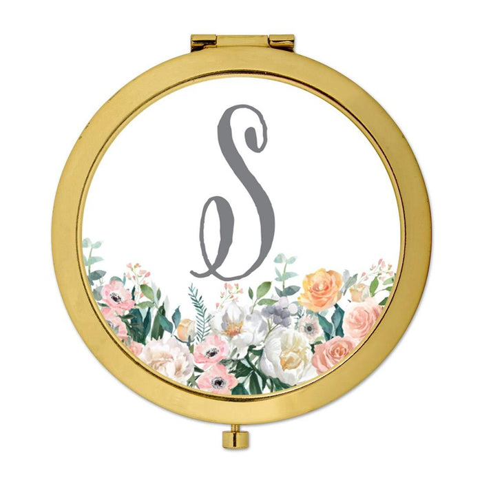 Andaz Press Peach Flower Florals on White Monogram Gold Compact Mirror-Set of 1-Andaz Press-S-
