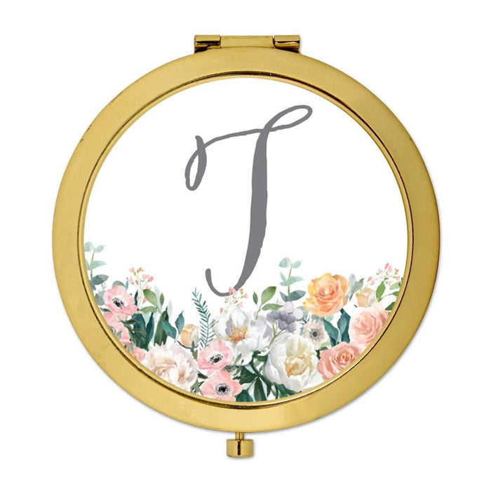 Andaz Press Peach Flower Florals on White Monogram Gold Compact Mirror-Set of 1-Andaz Press-T-