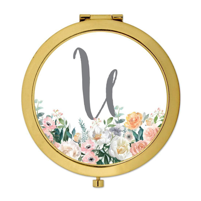 Andaz Press Peach Flower Florals on White Monogram Gold Compact Mirror-Set of 1-Andaz Press-U-