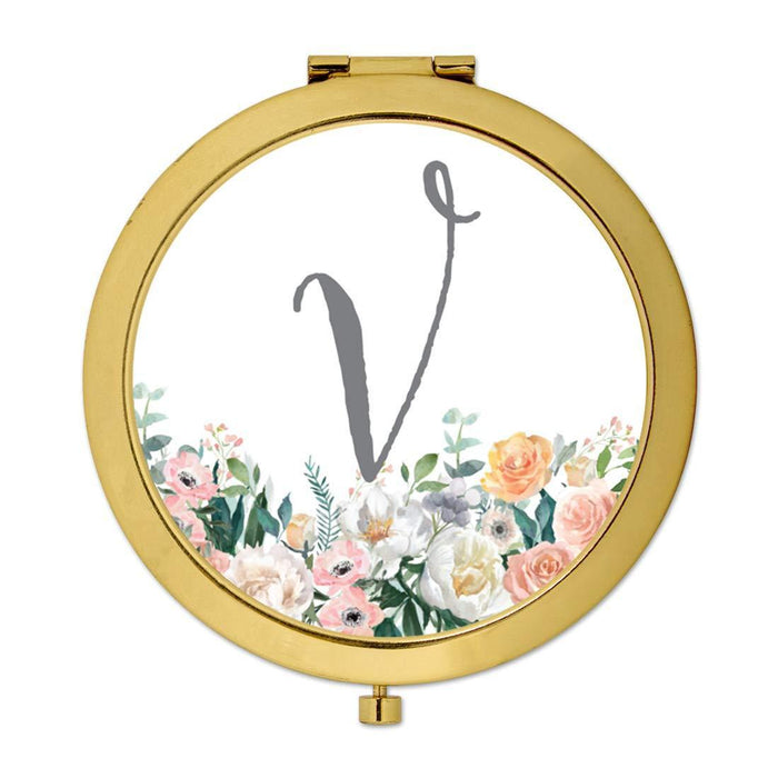 Andaz Press Peach Flower Florals on White Monogram Gold Compact Mirror-Set of 1-Andaz Press-V-