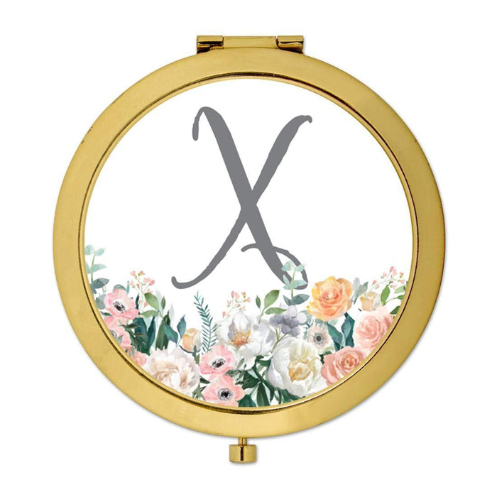 Andaz Press Peach Flower Florals on White Monogram Gold Compact Mirror-Set of 1-Andaz Press-X-