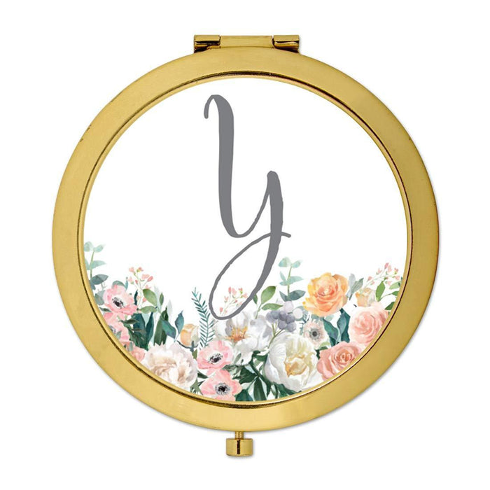 Andaz Press Peach Flower Florals on White Monogram Gold Compact Mirror-Set of 1-Andaz Press-Y-