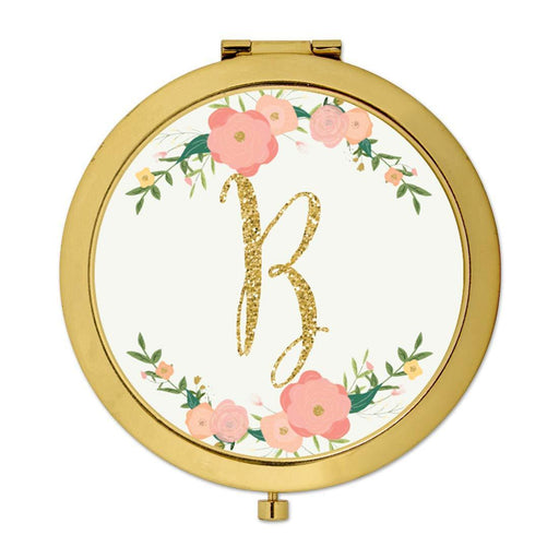 Andaz Press Peach Pink Florals with Faux Gold Glitter Monogram Gold Compact Mirror-Set of 1-Andaz Press-A-