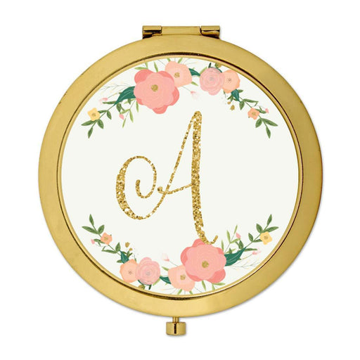 Andaz Press Peach Pink Florals with Faux Gold Glitter Monogram Gold Compact Mirror-Set of 1-Andaz Press-A-