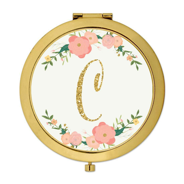 Andaz Press Peach Pink Florals with Faux Gold Glitter Monogram Gold Compact Mirror-Set of 1-Andaz Press-C-