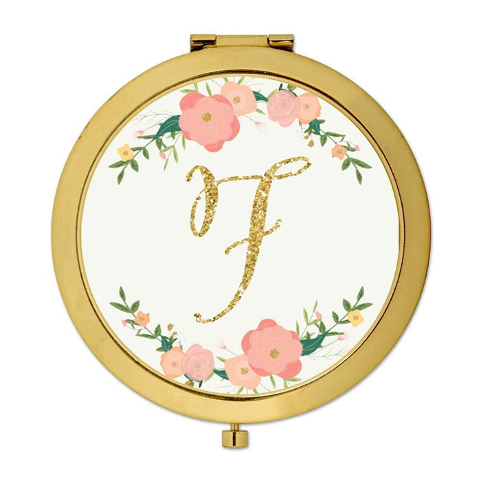 Andaz Press Peach Pink Florals with Faux Gold Glitter Monogram Gold Compact Mirror-Set of 1-Andaz Press-F-