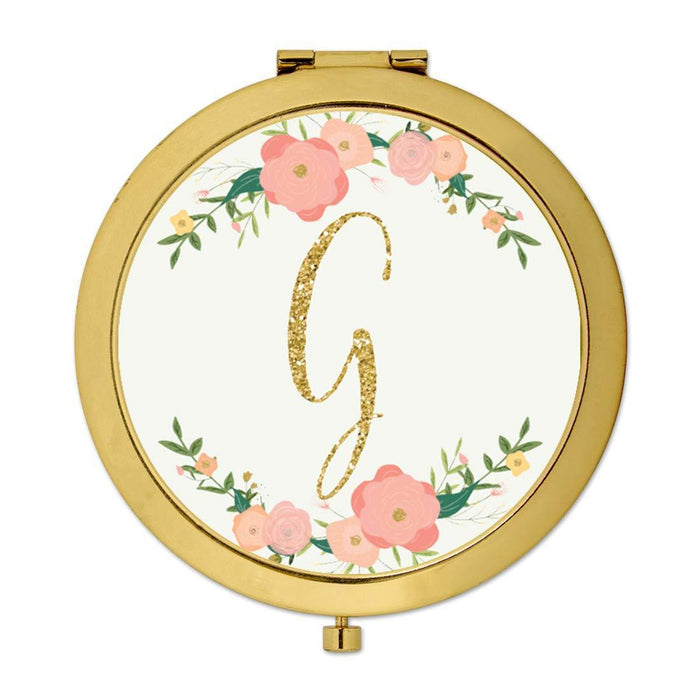Andaz Press Peach Pink Florals with Faux Gold Glitter Monogram Gold Compact Mirror-Set of 1-Andaz Press-G-