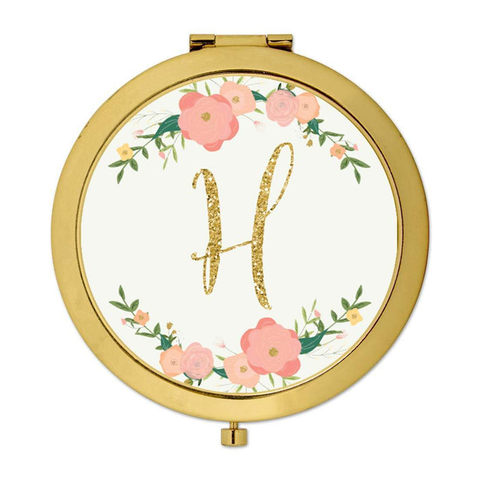 Andaz Press Peach Pink Florals with Faux Gold Glitter Monogram Gold Compact Mirror-Set of 1-Andaz Press-H-