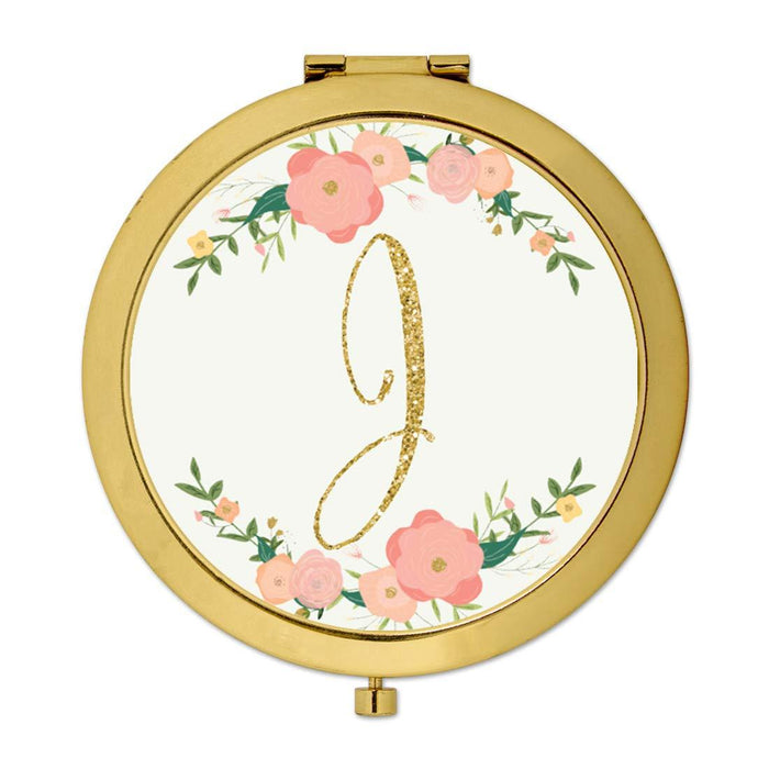 Andaz Press Peach Pink Florals with Faux Gold Glitter Monogram Gold Compact Mirror-Set of 1-Andaz Press-J-