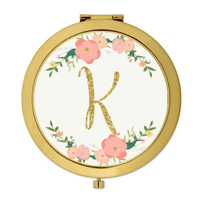 Andaz Press Peach Pink Florals with Faux Gold Glitter Monogram Gold Compact Mirror-Set of 1-Andaz Press-K-
